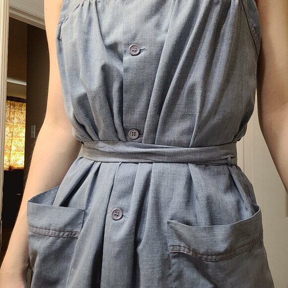 Two Vintage Dresses: Red and Blue Cotton Belted Smock Dresses - Picture 4 of 14